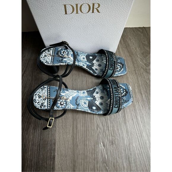Dior Bandana Embroidered Deep Blue Dway Heeled Sandal Strap Low Heel Pumps EU38/ - Picture 8 of 14